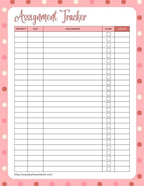 Image result for Free Printable Assignment Tracker
