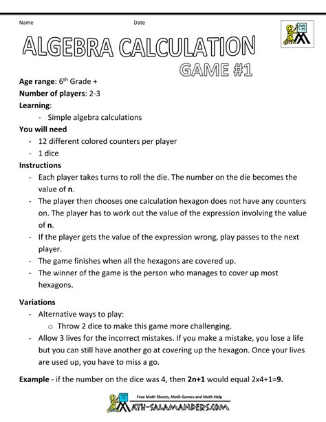 Printable Algebra Math Games に対する画像結果