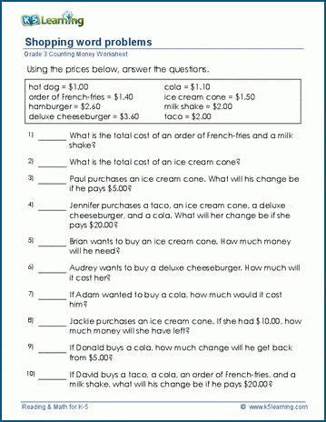 Toradh íomhá ar Counting Money Worksheets 3rd Grade Answer Key