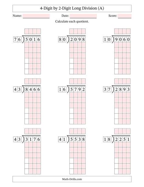 Toradh íomhá ar 2-Digit by 2 Digit Division On Graph Paper