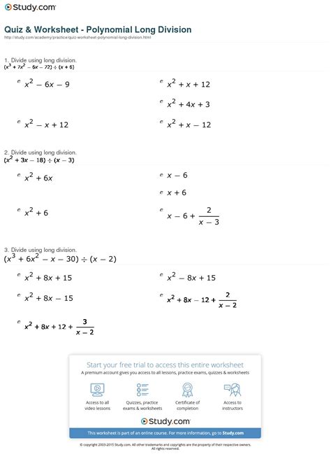 Practice Worksheet Polynomial Long Division | Long Division Worksheets
