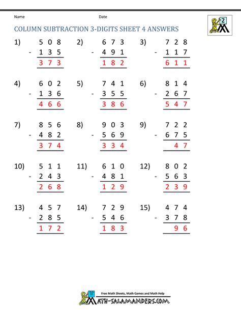 Image result for Three-Digit Subtraction Worksheets
