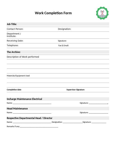 Image result for Work Completion Form Printable
