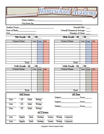 Printable Middle School Transcript に対する画像結果