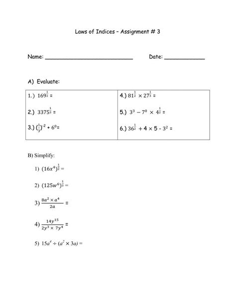 Image result for Index Laws 1 and 2 Worksheet