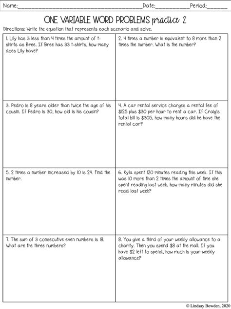 One Variable Word Problems Worksheet に対する画像結果
