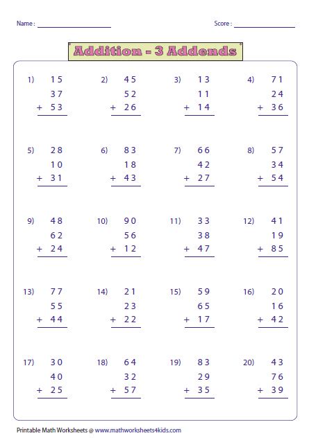 Afbeeldingsresultaten voor 3 4 Row Digit Addition Worksheets