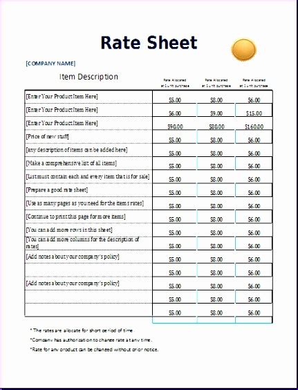 Image result for Excel Rate Chart Template