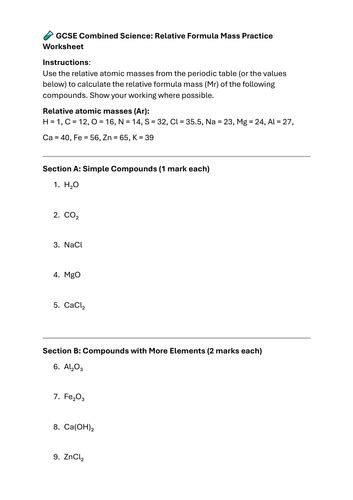 Toradh íomhá ar Relative Formula Mass Questions Worksheet PDF