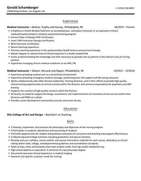 Medical Instructor Resume Samples | Velvet Jobs