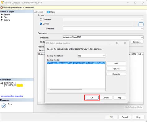 Restore Database Syntax に対する画像結果