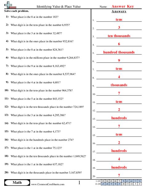 Toradh íomhá ar Place Value Matching Worksheet