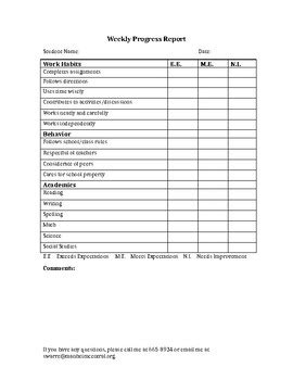Image result for Weekly Behavior Progress Report