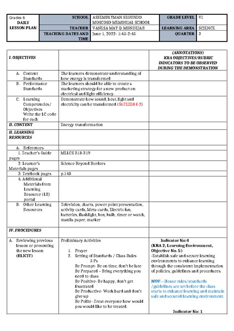 Image result for Sample Annotation for Cot Lesson Plan