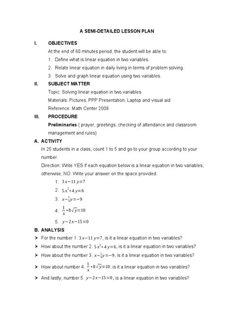 Image result for Detailed Lesson Plan Linear Equations Graphing