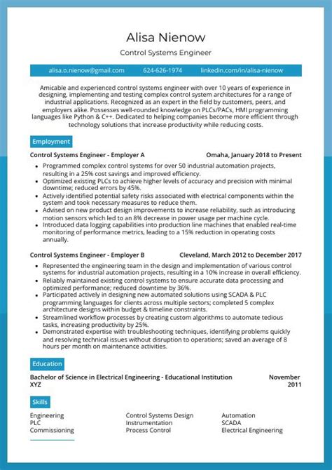 Image result for Control System Engineer Resume