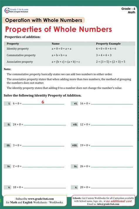 Afbeeldingsresultaten voor Class 6 Whole Numbers Properties Worksheet