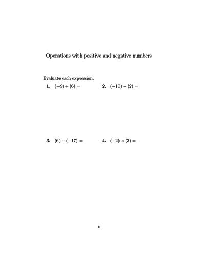 Toradh íomhá ar Negative Numbers Worksheet All Operations