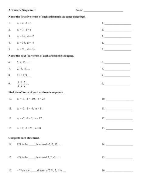 Toradh íomhá ar arithmetic sequence worksheets
