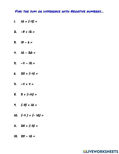 Image result for Negative Number Addition Worksheets