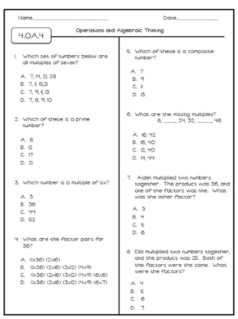 Image result for 4th Grade Math Test with Answer Key PDF