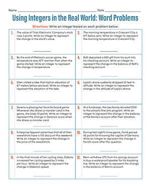 Toradh íomhá ar Integer Word Problems Worksheets