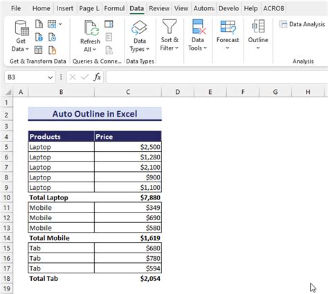 Outline in Excel માટે ઇમેજ પરિણામ