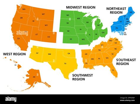 United States of America, geographic regions, colored political map ...