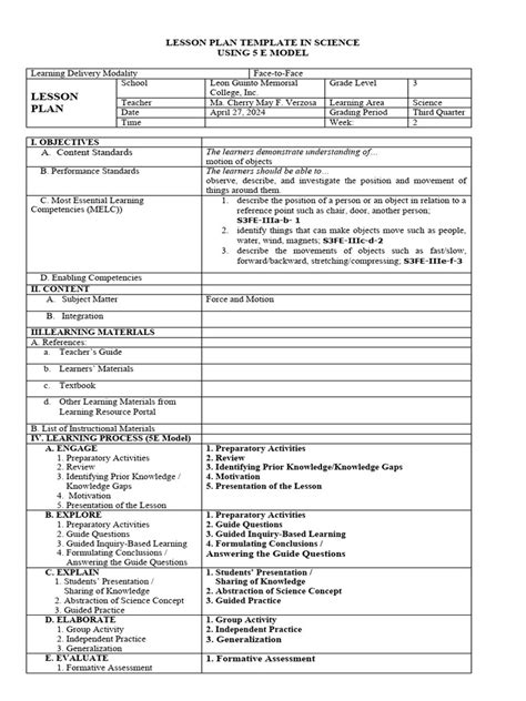 Image result for Idea Model Sample Lesson Plan