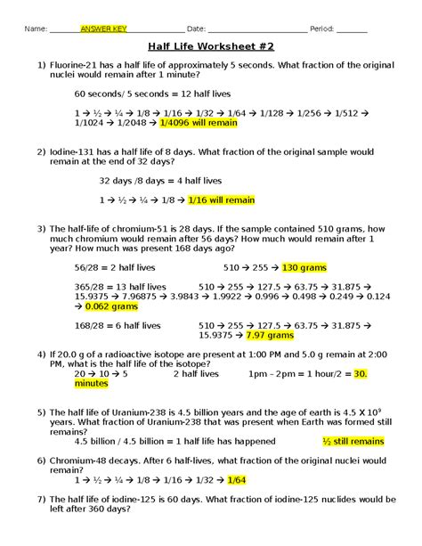 Image result for Half-Life Question Worksheet Answers