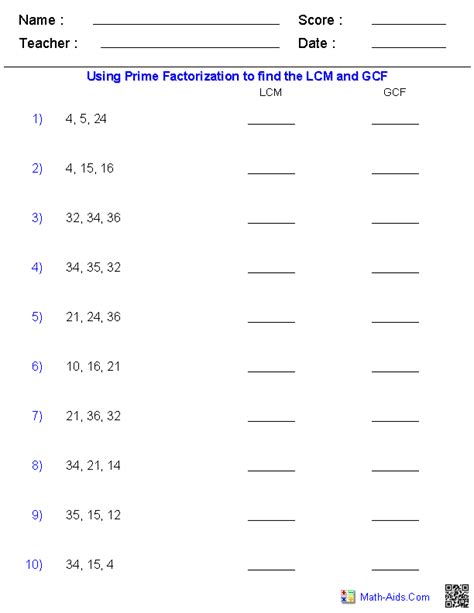 Toradh íomhá ar LCM and HCF Worksheet Form 1