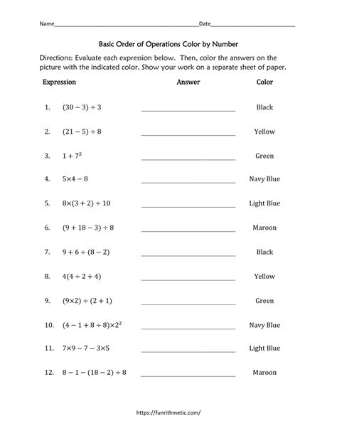 Toradh íomhá ar Order of Operations Color Sheet