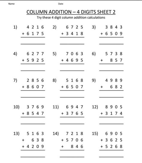 Column Addition 4 Digit Template に対する画像結果