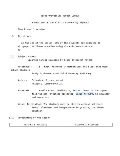 Image result for Slope-Intercept Form Lesson Plan