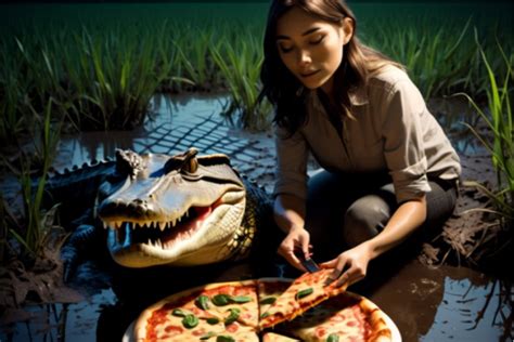 Image result for Guy Eating Pizza in Swamp with Alligator