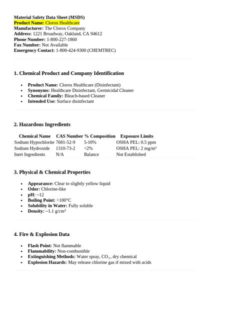 Image result for Safety Data Sheet Bleach