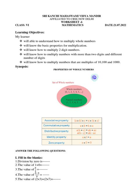 Image result for Worksheet of Whole Numbers for Class 6