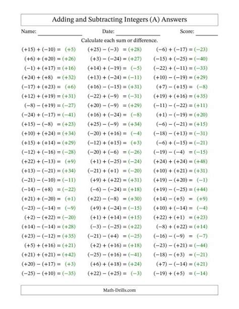 Image result for Adding and Subtracting Integers Worksheet with Answer Key