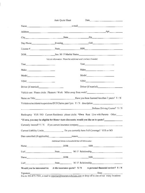 Image result for Auto Insurance Quote Sheet Template