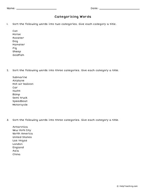 Image result for Categorizing Worksheets