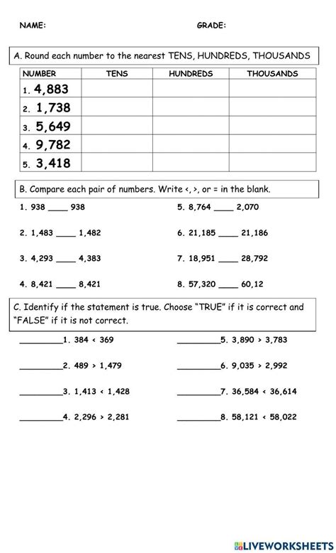 Toradh íomhá ar Compare and Order Whole Numbers Worksheet
