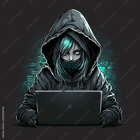 Cute girl hacker with laptop. Avatar in cartoon style. Balck backdrop ...