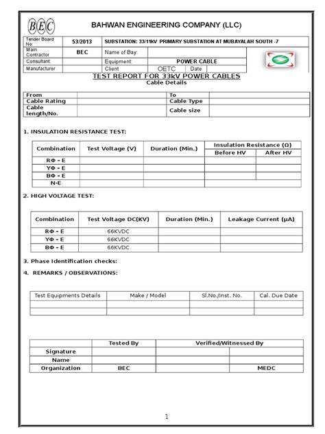 Image result for Testing Report for Cables