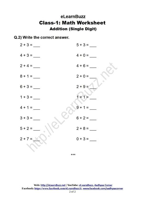 Image result for Single Digit Addition Worksheet for Class 1