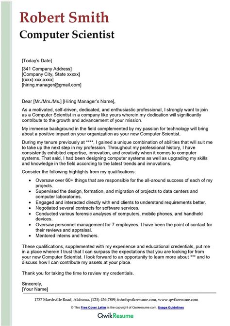 Computer Science Cover Letter Sample に対する画像結果
