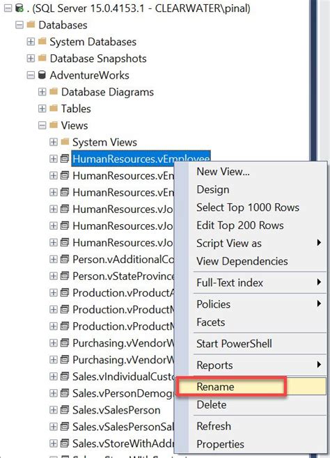 Rename Database Engine Server SQL Server に対する画像結果