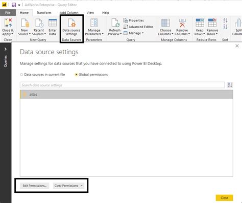 Toradh íomhá ar Data Source Settings & Recent Source in Power Bi