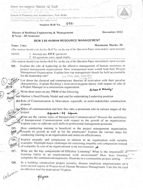 Toradh íomhá ar Question Paper BBA Human Resource Management