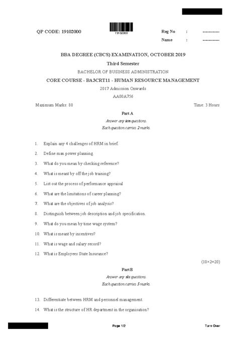 Toradh íomhá ar Question Paper BBA Human Resource Management