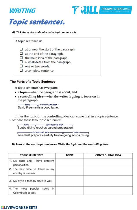 Toradh íomhá ar Topic Sentence Paragraph Worksheet